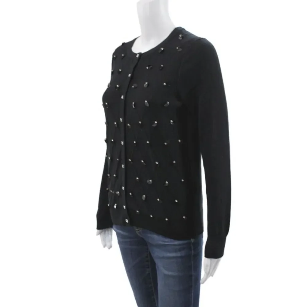 Charter Club Women Beaded Argyle Cardigan Black Crew Neck Long Sleeve Size M